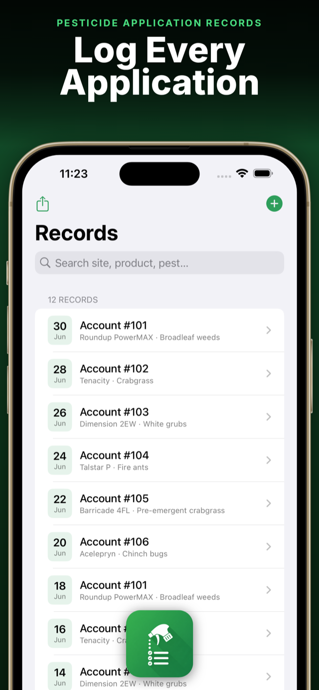 PesticideLogs application record screen